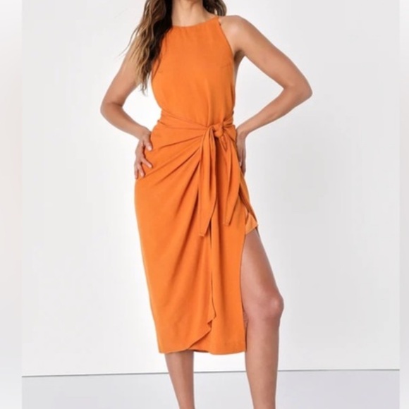 Lulus Malaga Moment Rust Orange faux wrap dress size L - Picture 1 of 7